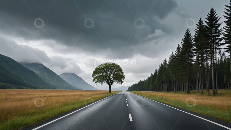 高清大图下载【趣麦麦图】旷野中道路与孤树风景