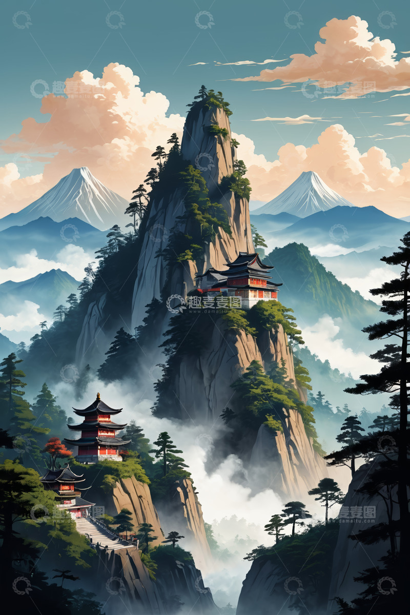 高清大图下载【趣麦麦图】中式山峰古建筑景观
