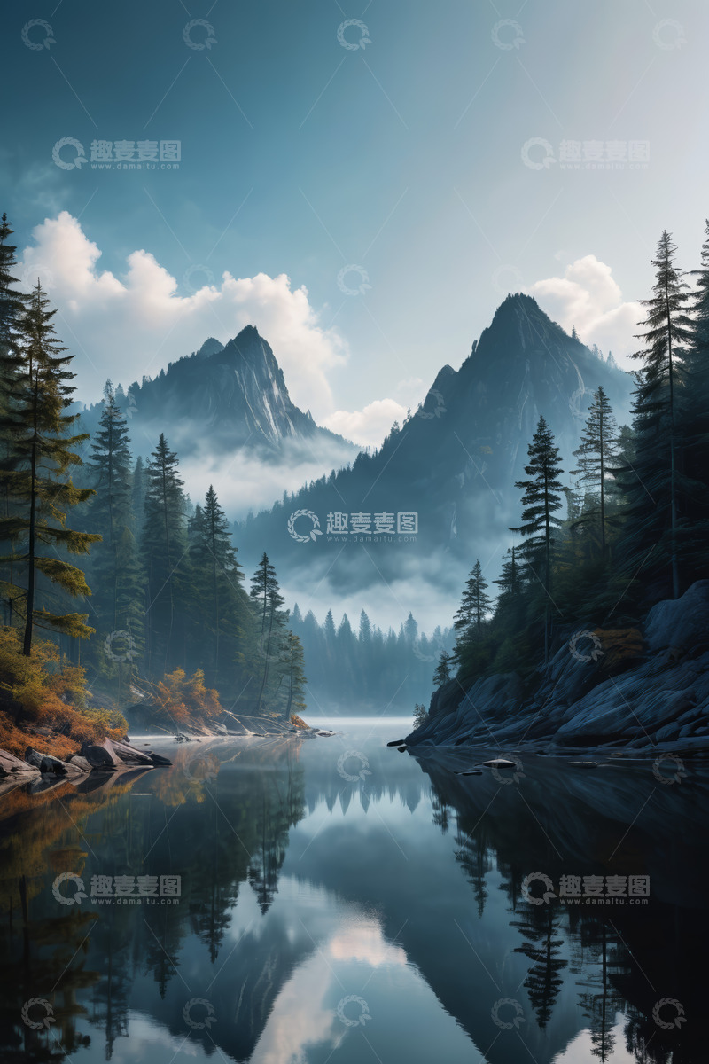 高清大图下载【趣麦麦图】山林间宁静湖泊自然风光