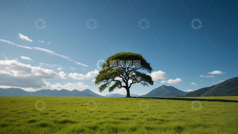 高清大图下载【趣麦麦图】草原上的孤树与远山风景