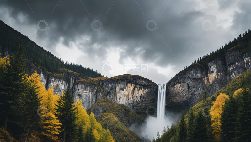 高清大图下载【趣麦麦图】山间瀑布与秋日森林景观