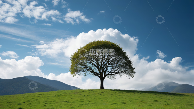 高清大图下载【趣麦麦图】草原上独立大树与蓝天白云