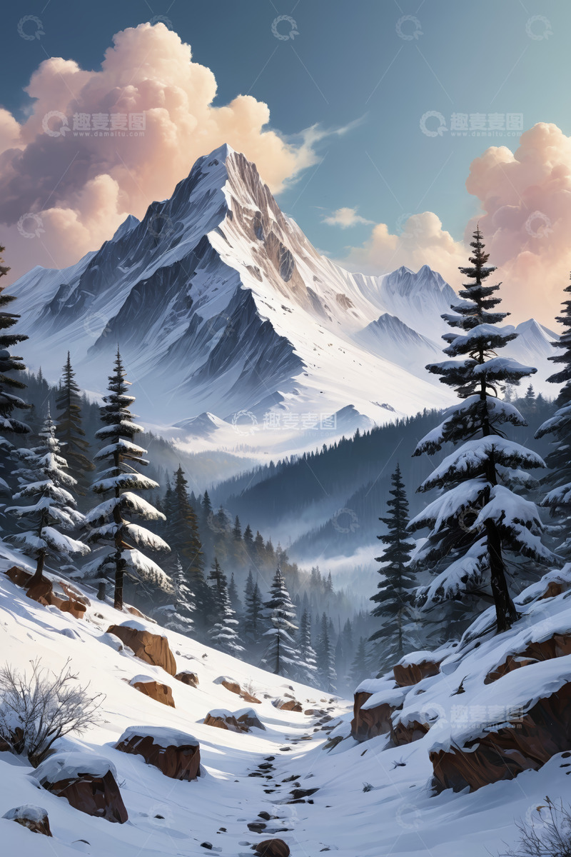 高清大图下载【趣麦麦图】雪山下的森林雪景