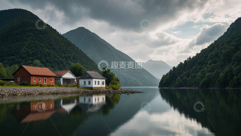 高清大图下载【趣麦麦图】湖畔山间的小屋风景
