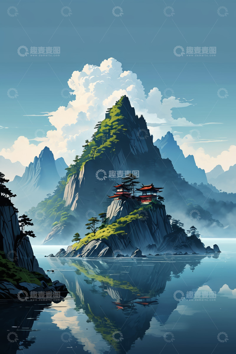 高清大图下载【趣麦麦图】山水间古风建筑风景