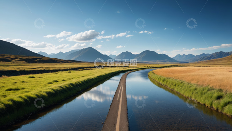 高清大图下载【趣麦麦图】草原间的公路与远处山脉景观