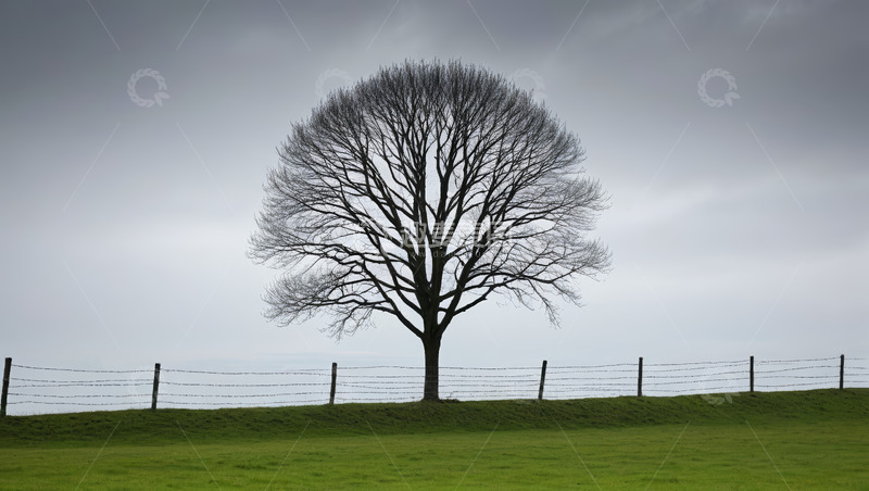 高清大图下载【趣麦麦图】草地围栏旁的孤树风景