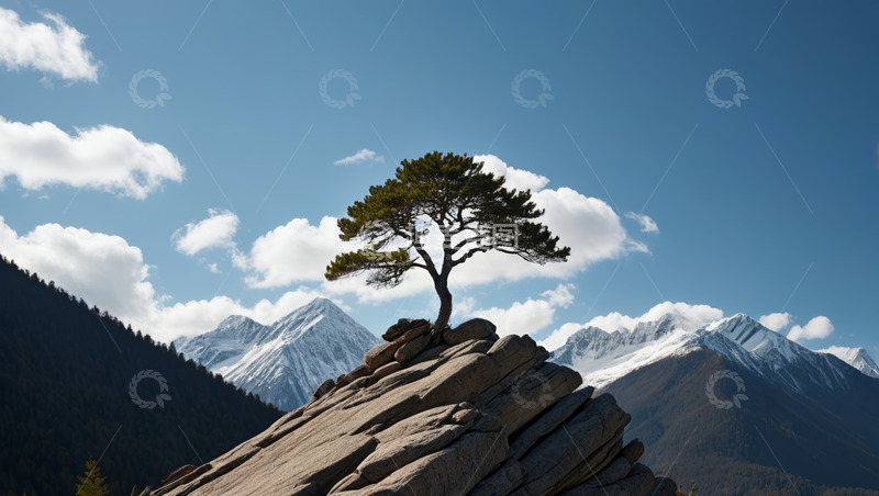 高清大图下载【趣麦麦图】山顶孤树与远处雪山风景
