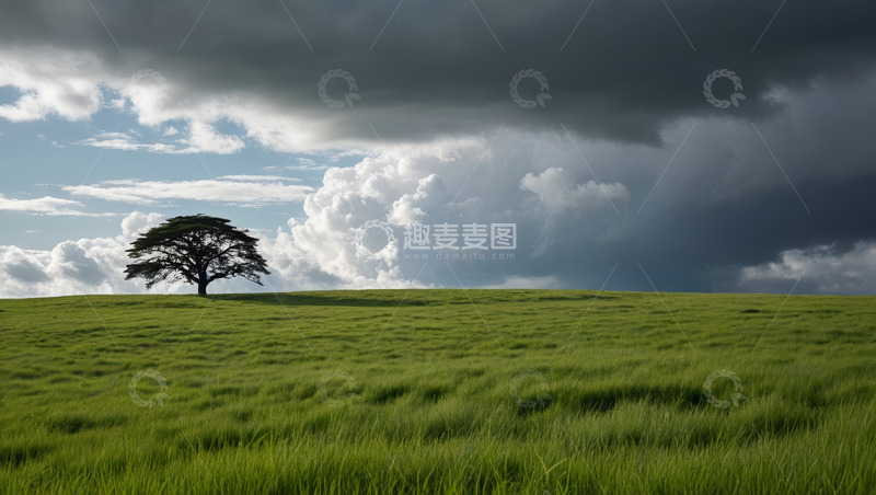 高清大图下载【趣麦麦图】草原上孤独的树与天空景象
