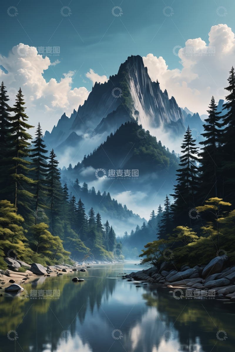 高清大图下载【趣麦麦图】山林间河流与巍峨山峰景观
