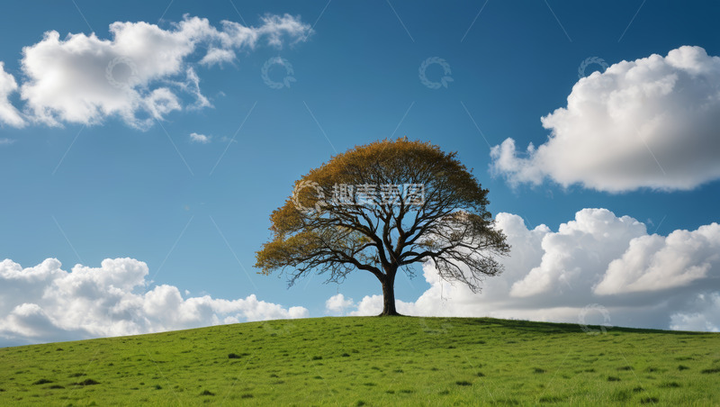高清大图下载【趣麦麦图】草原上的独树与蓝天白云