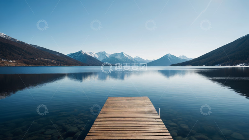 高清大图下载【趣麦麦图】湖畔木质栈桥与远山风景