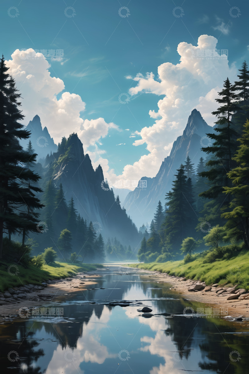 高清大图下载【趣麦麦图】山林间河流自然风光景象