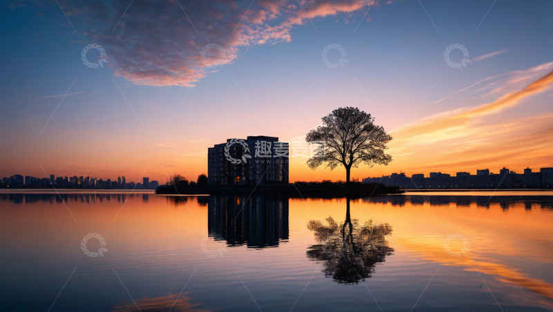 高清大图下载【趣麦麦图】湖畔日落时的建筑与树木景观