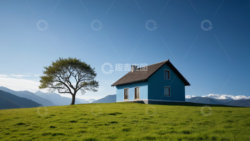 高清大图下载【趣麦麦图】草原上的蓝色小屋与孤树