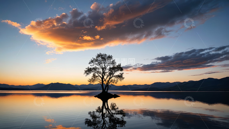 高清大图下载【趣麦麦图】湖畔单棵树木与晚霞倒影景观