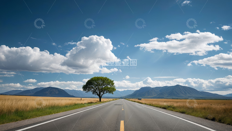 高清大图下载【趣麦麦图】旷野公路与孤树风景