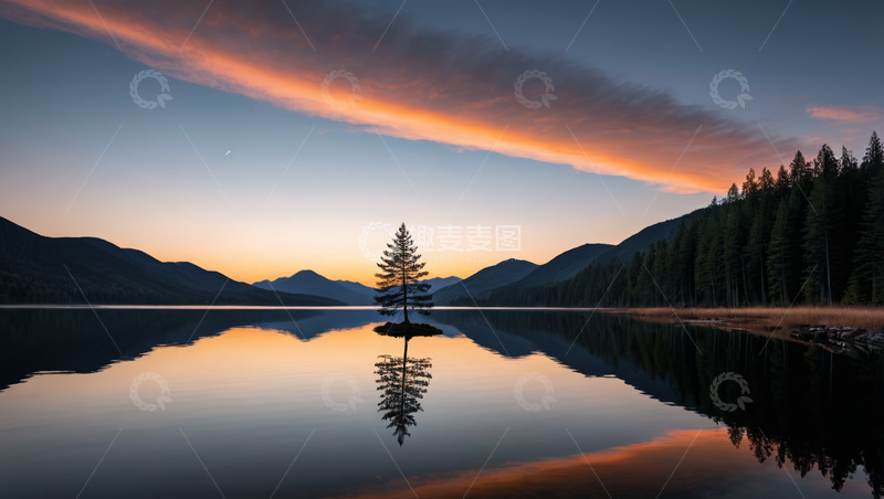 高清大图下载【趣麦麦图】湖畔孤树与黄昏山色风景