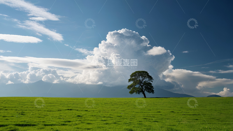 高清大图下载【趣麦麦图】草原上的孤树与蓝天白云