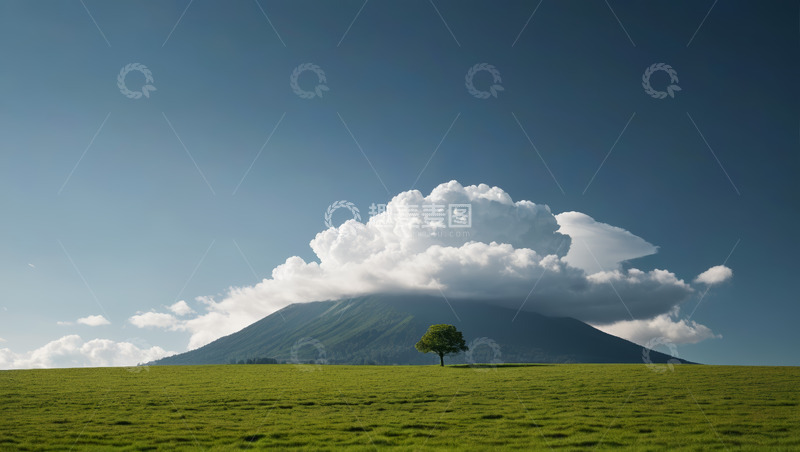 高清大图下载【趣麦麦图】草原上单棵树与远山白云景象