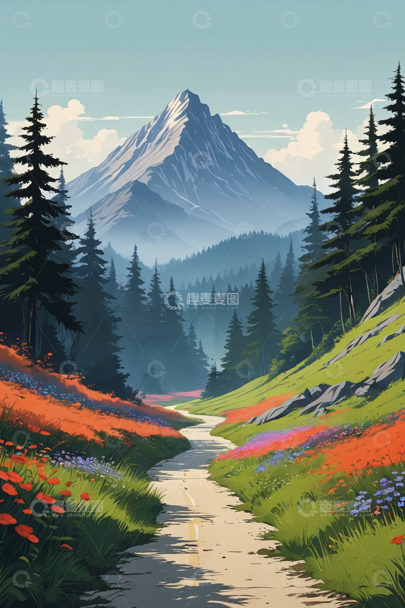 高清大图下载【趣麦麦图】山间小径旁繁花与森林景观