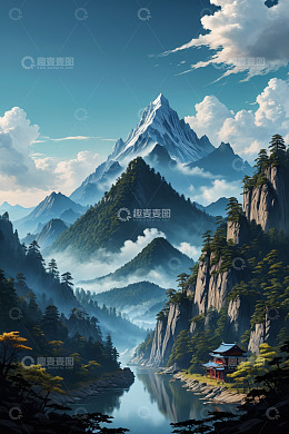 云雾缭绕的山水古建筑景观