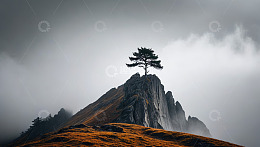 山顶孤树云雾缭绕自然风光