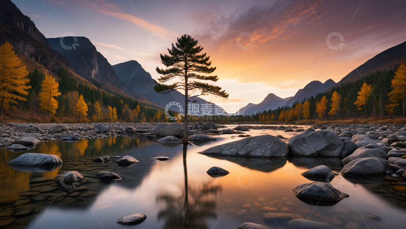 高清大图下载【趣麦麦图】山间河畔孤树黄昏自然景观