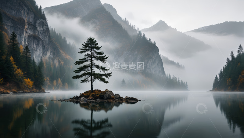 高清大图下载【趣麦麦图】湖心孤树山水雾景
