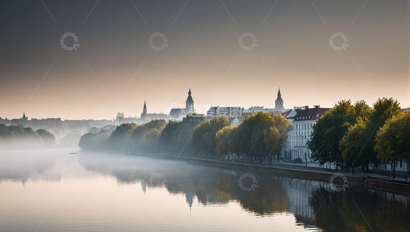高清大图下载【趣麦麦图】河畔城市晨景