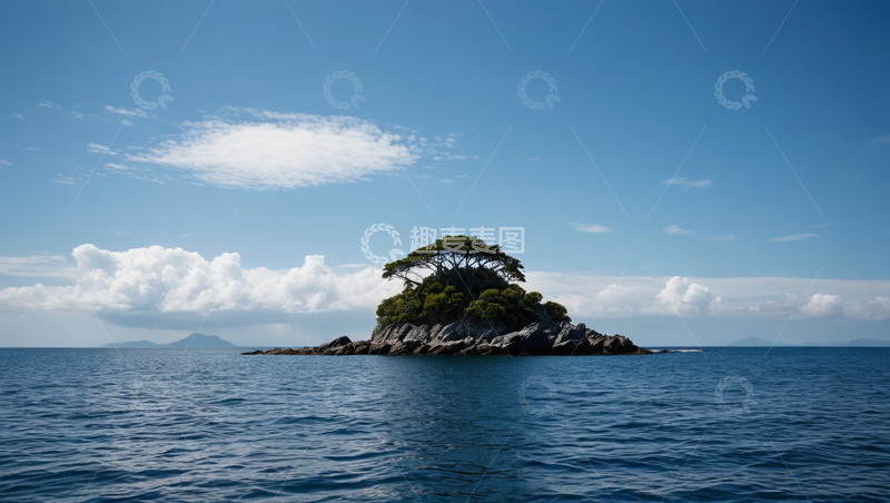 高清大图下载【趣麦麦图】海上孤岛与蓝天白云景象
