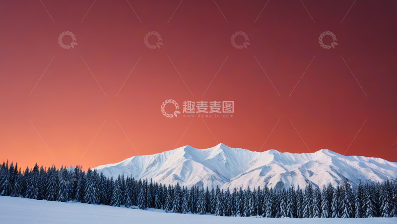 高清大图下载【趣麦麦图】雪覆山林与远山的黄昏景象