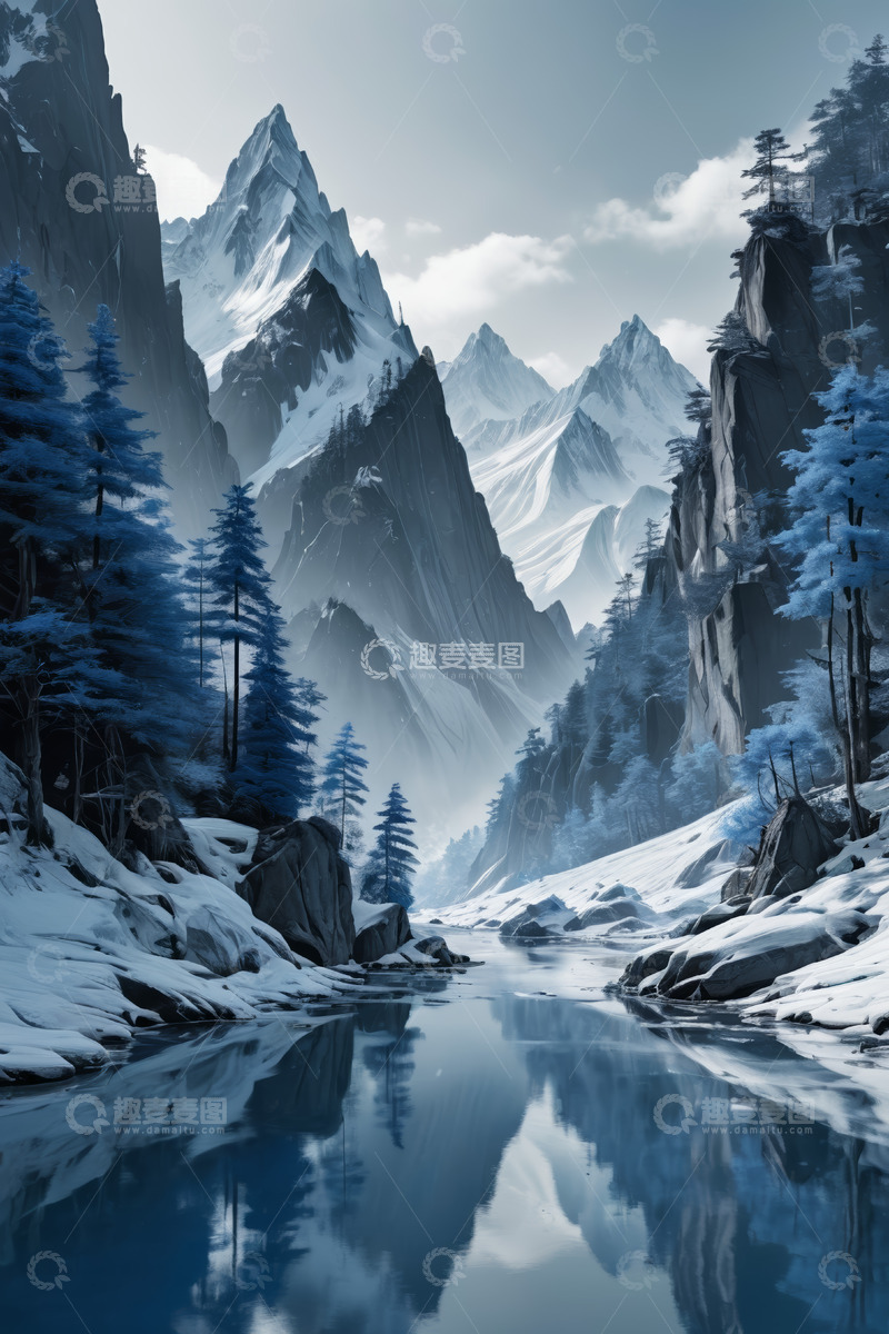 高清大图下载【趣麦麦图】雪山森林间的静谧河谷风光