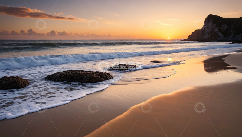 高清大图下载【趣麦麦图】海滩日落海浪拍打岩石景象