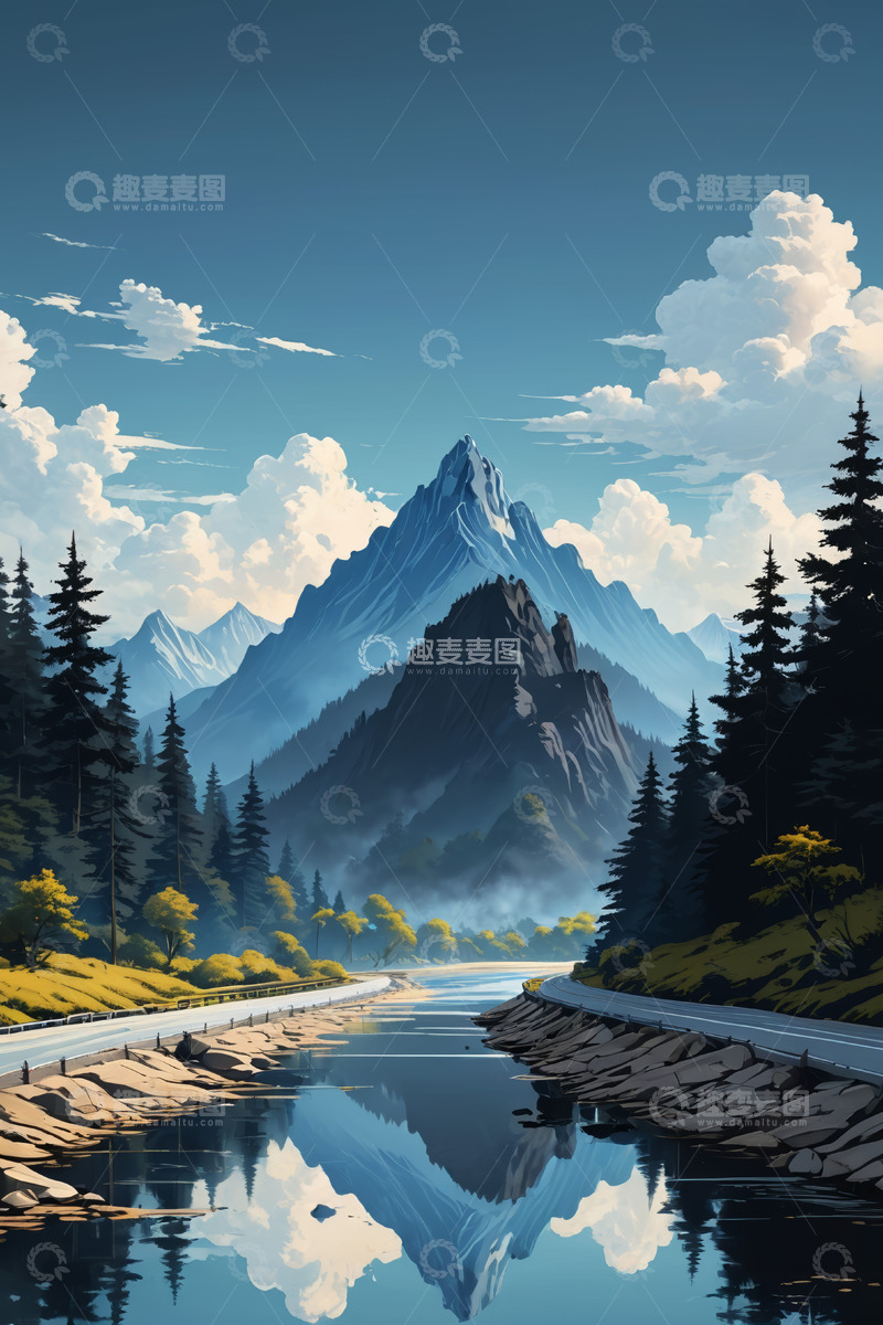 高清大图下载【趣麦麦图】山间河流与森林风景