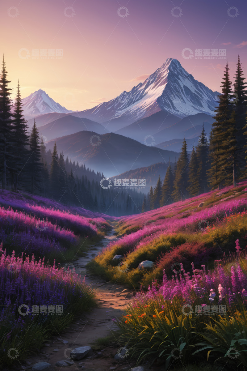 高清大图下载【趣麦麦图】山间花海与远处雪山风景