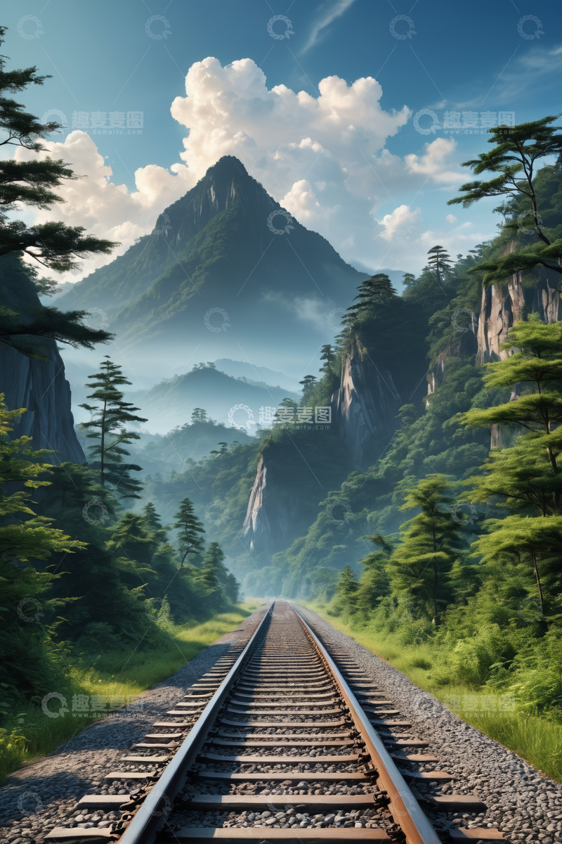 高清大图下载【趣麦麦图】-山间森林中的铁路轨道
