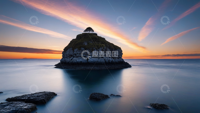 高清大图下载【趣麦麦图】海上孤岩日出美景