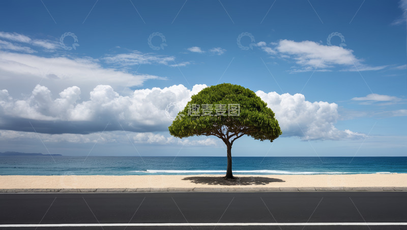 高清大图下载【趣麦麦图】海边公路旁的独棵绿树
