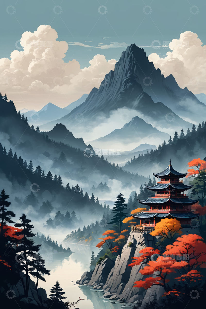 高清大图下载【趣麦麦图】古风山水间的中式楼阁景观