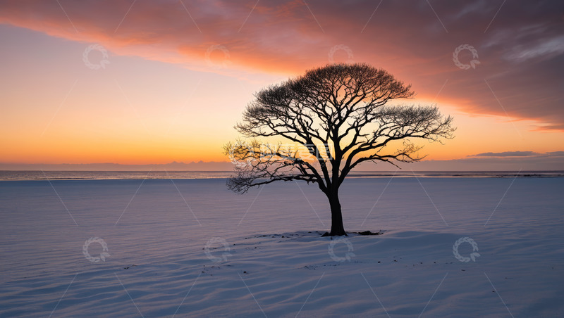 高清大图下载【趣麦麦图】雪地中孤树立于黄昏天空下