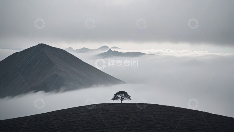 高清大图下载【趣麦麦图】山巅孤树云雾环绕景象