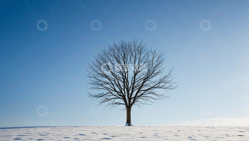 高清大图下载【趣麦麦图】雪地上的孤树与蓝天景象