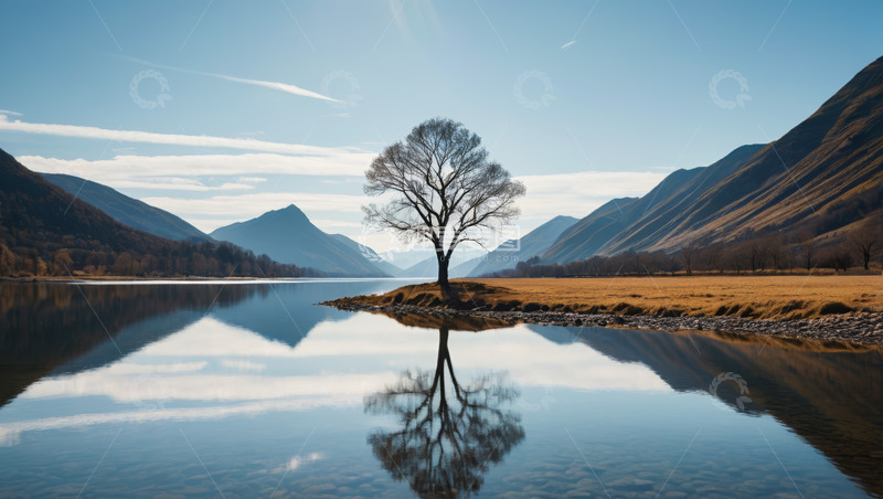 高清大图下载【趣麦麦图】湖畔孤树与远山倒影景象