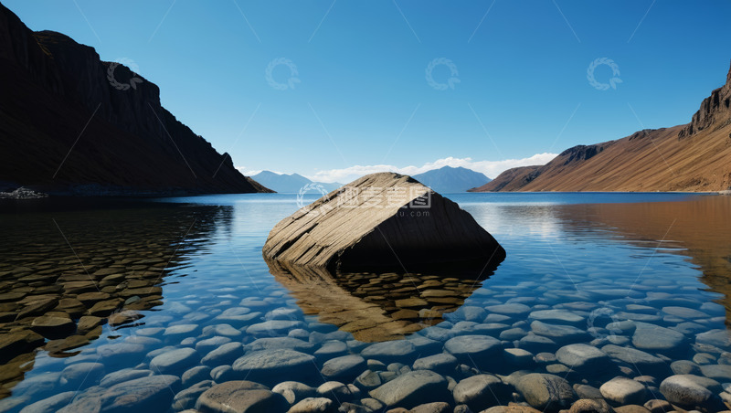 高清大图下载【趣麦麦图】湖畔巨石与远山自然风光