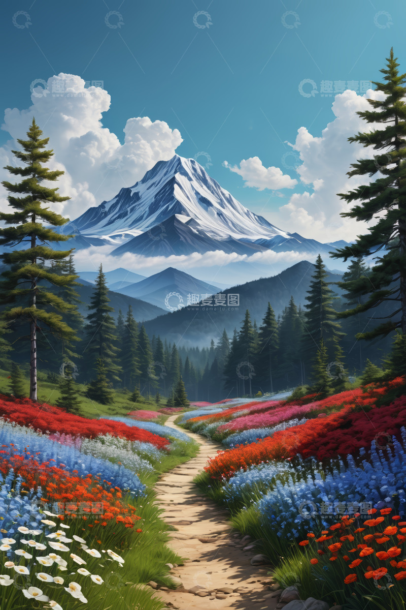 高清大图下载【趣麦麦图】山间花海小径与雪山风景