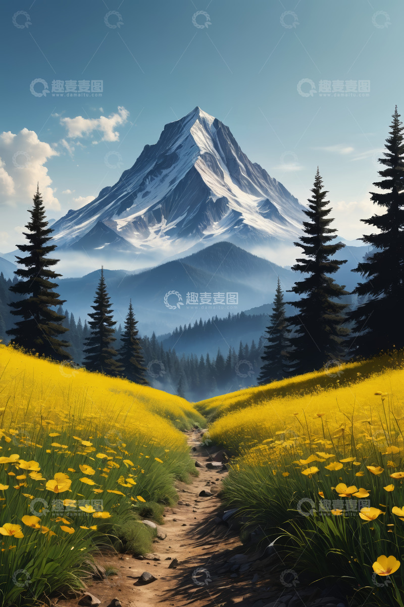 高清大图下载【趣麦麦图】山间黄花小径与雪山风景