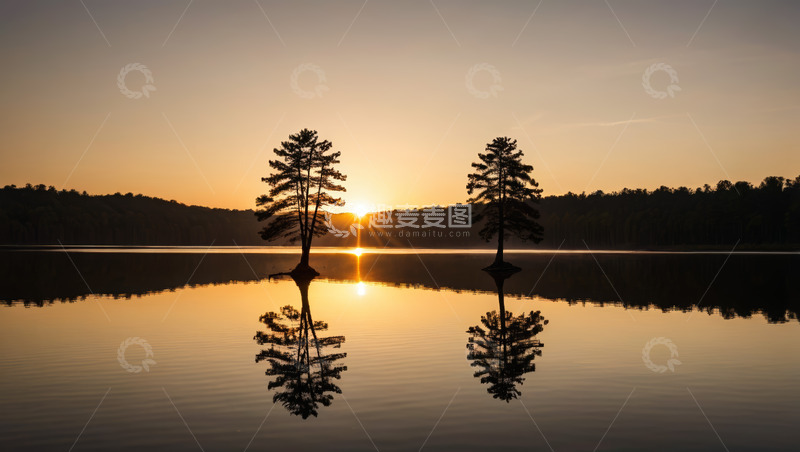 高清大图下载【趣麦麦图】湖畔日出双树倒影美景