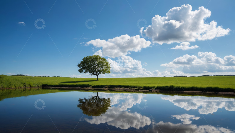 高清大图下载【趣麦麦图】草原湖畔孤树与蓝天白云景象