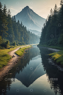 山林间河流与蜿蜒小路风景
